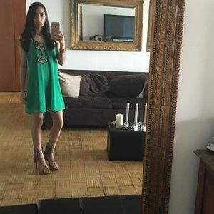 Green mini dress, so cute with strappy heels!